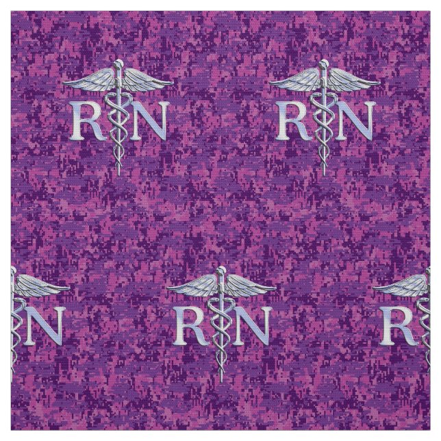 Registered Nurse RN Silver Caduceus Fuchsia Camo Fabric (Swatch)