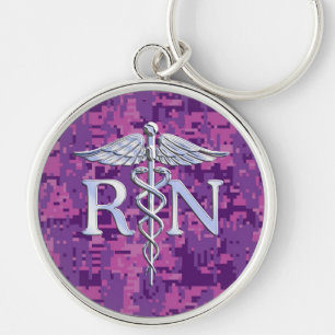 Registered Nurse RN Silver Caduceus Fuchsia Camo Key Ring