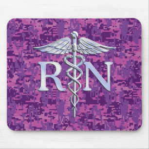 Registered Nurse RN Silver Caduceus Fuchsia Camo Mouse Pad