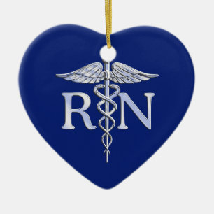 Registered Nurse RN Silver Caduceus Navy Blue deco Ceramic Tree Decoration
