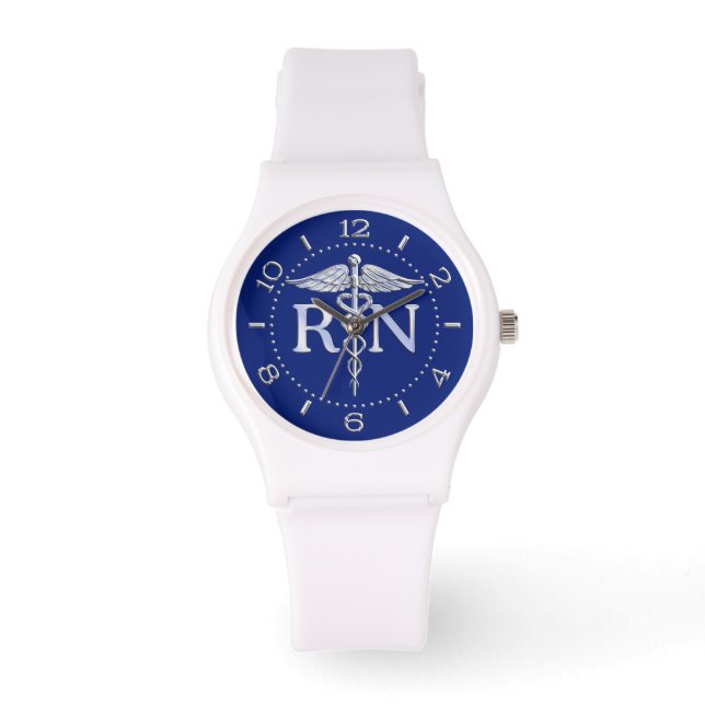 Registered Nurse RN Silver Caduceus Navy Blue Dial Watch (Front)