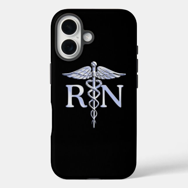 Registered Nurse RN Silver Caduceus on Black Case-Mate iPhone Case (Back)