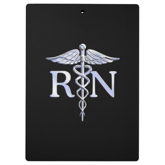 Registered Nurse RN Silver Caduceus on Black Clipboard (Back)