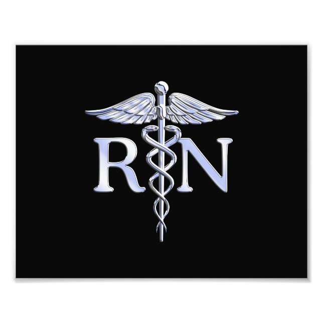 Registered Nurse RN Silver Caduceus on Black Photo Print (Front)