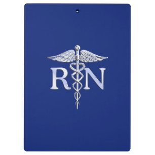 Registered Nurse RN Silver Caduceus on Navy Blue Clipboard