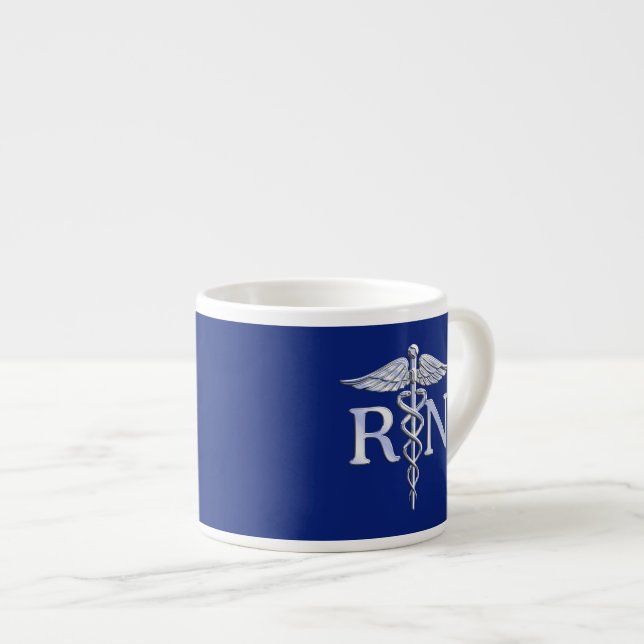 Registered Nurse RN Silver Caduceus on Navy Blue Espresso Cup (Front Right)