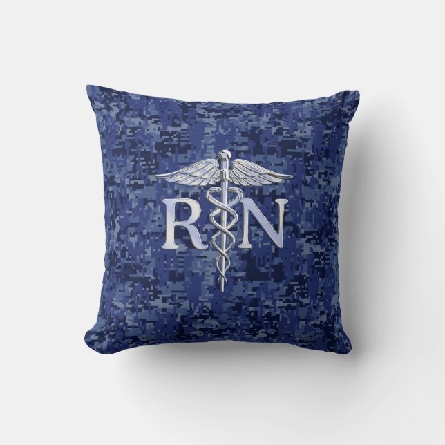 Registered Nurse RN Silver Caduceus on Navy Camo Cushion (Front)