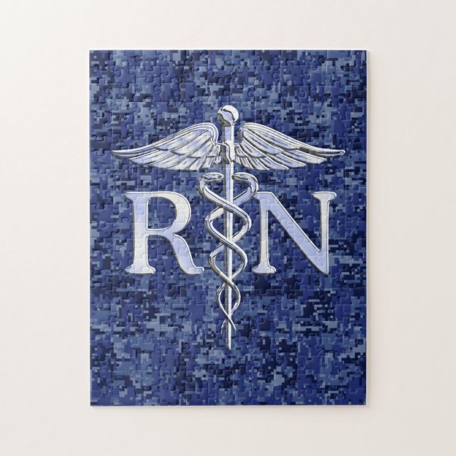 Registered Nurse RN Silver Caduceus on Navy Camo Jigsaw Puzzle (Vertical)