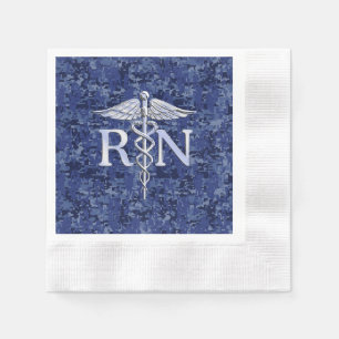 Registered Nurse RN Silver Caduceus on Navy Camo Napkin