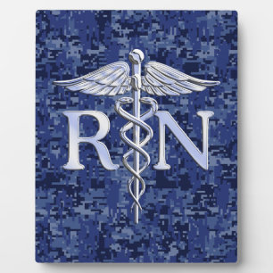 Registered Nurse RN Silver Caduceus on Navy Camo Plaque