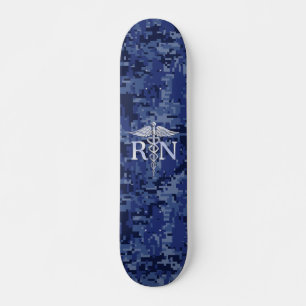 Registered Nurse RN Silver Caduceus on Navy Camo Skateboard