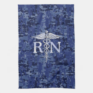 Registered Nurse RN Silver Caduceus on Navy Camo Tea Towel
