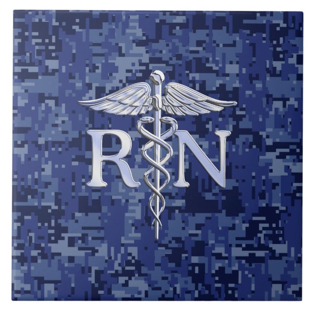 Registered Nurse RN Silver Caduceus on Navy Camo Tile (Front)