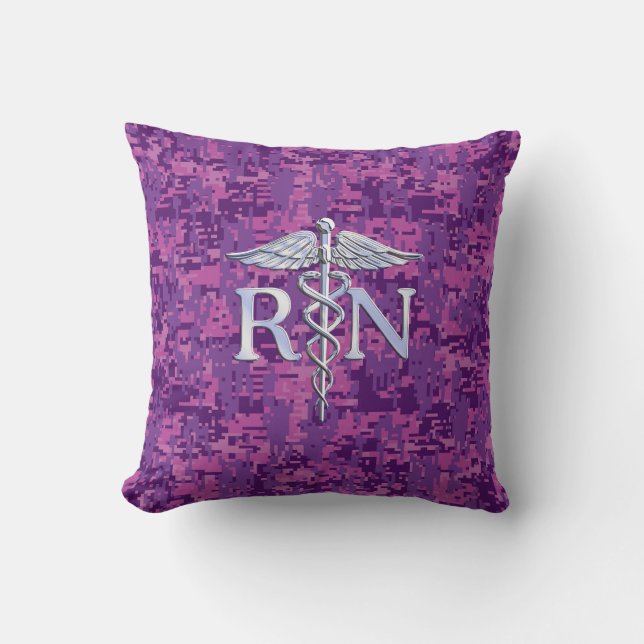 Registered Nurse RN Silver Caduceus on Pink Camo Cushion (Front)