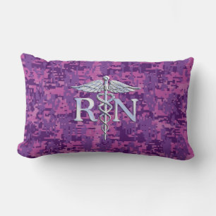 Registered Nurse RN Silver Caduceus on Pink Camo Lumbar Cushion