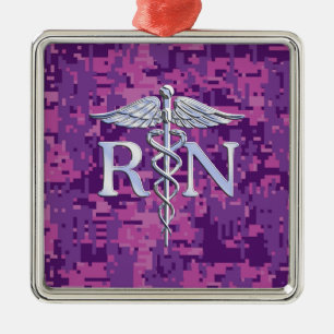 Registered Nurse RN Silver Caduceus on Pink Camo Metal Tree Decoration