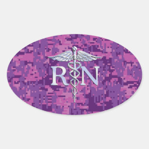 Registered Nurse RN Silver Caduceus on Pink Camo Oval Sticker
