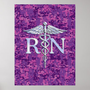 Registered Nurse RN Silver Caduceus on Pink Camo Poster