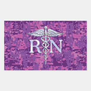 Registered Nurse RN Silver Caduceus on Pink Camo Rectangular Sticker