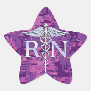 Registered Nurse RN Silver Caduceus on Pink Camo Star Sticker