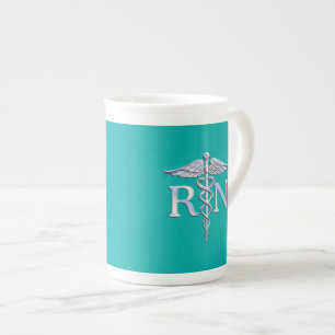Registered Nurse RN Silver Caduceus on Turquoise Bone China Mug
