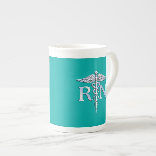 Registered Nurse RN Silver Caduceus on Turquoise Bone China Mug (Front Right)