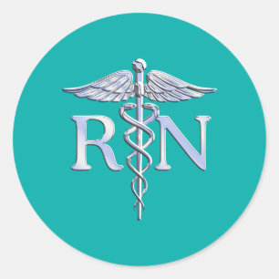 Registered Nurse RN Silver Caduceus on Turquoise Classic Round Sticker