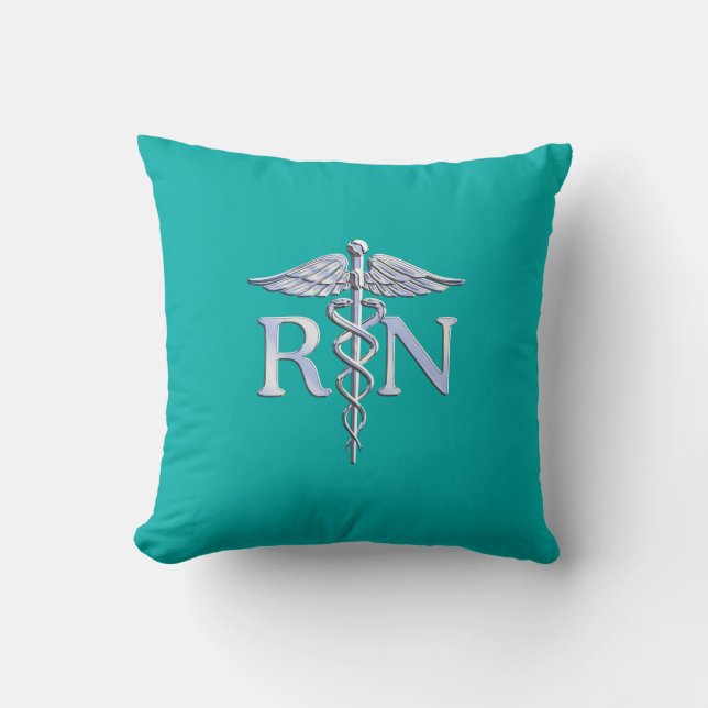 Registered Nurse RN Silver Caduceus on Turquoise Cushion (Front)