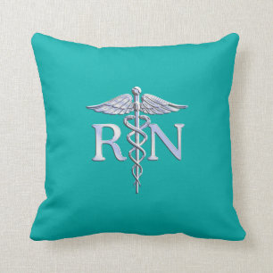 Registered Nurse RN Silver Caduceus on Turquoise Cushion