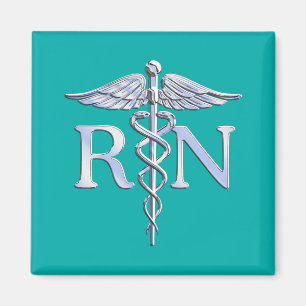 Registered Nurse RN Silver Caduceus on Turquoise Magnet