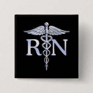 Registered Nurse RN Silver Caduceus Snakes Black 15 Cm Square Badge