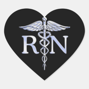 Registered Nurse RN Silver Caduceus Snakes Black Heart Sticker