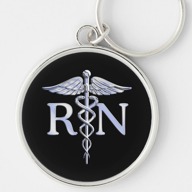 Registered Nurse RN Silver Caduceus Snakes Black Key Ring (Front)