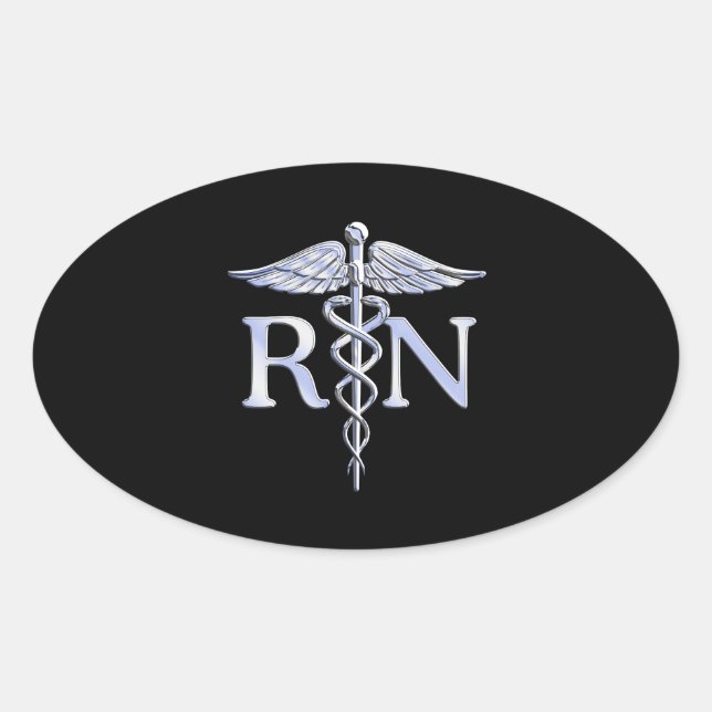 Registered Nurse RN Silver Caduceus Snakes Black Oval Sticker (Front)
