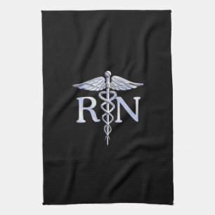 Registered Nurse RN Silver Caduceus Snakes Black Tea Towel