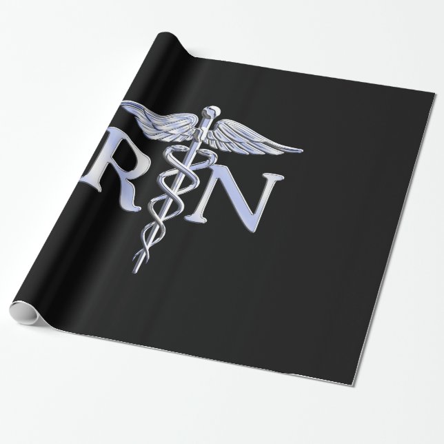 Registered Nurse RN Silver Caduceus Snakes Black Wrapping Paper (Unrolled)