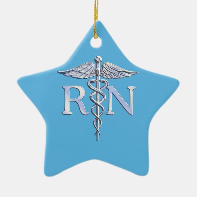 Registered Nurse RN Silver Like Caduceus Baby Blue Ceramic Ornament (Front)