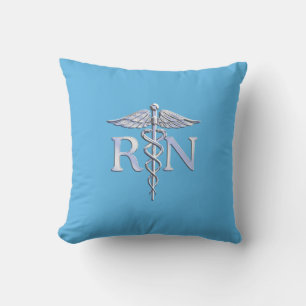 Registered Nurse RN Silver Like Caduceus Baby Blue Cushion