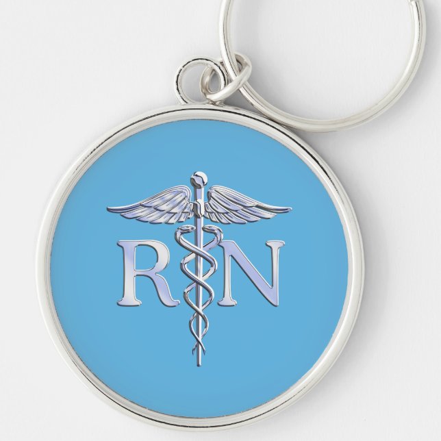 Registered Nurse RN Silver Like Caduceus Baby Blue Key Ring (Front)