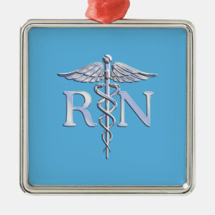 Registered Nurse RN Silver Like Caduceus Baby Blue Metal Ornament