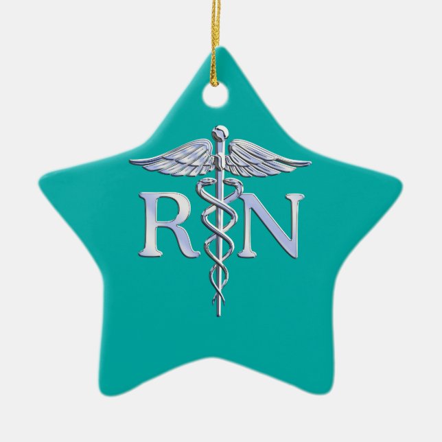 Registered Nurse RN Stylish Caduceus on Turquoise Ceramic Tree Decoration (Front)