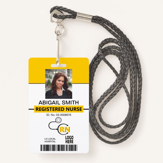 Registered nurse RN yellow photo template ID Badge (Front with Lanyard)