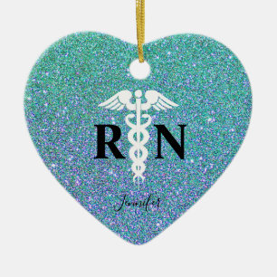 Registered Nurse Teal Blue Glitter Monogram Heart Ceramic Ornament