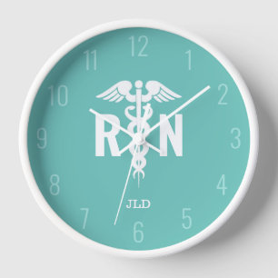 Registered Nurse Teal White Caduceus Monogram Clock
