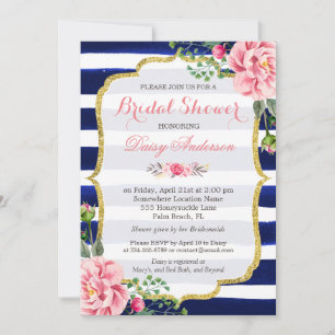 (Registry) Bridal Shower Navy Blue Stripes Flowers Invitation