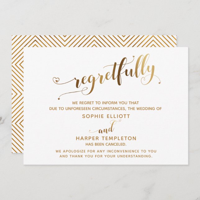 Regretfully Cancelled Wedding Gold Calligraphy Car Invitation (Front/Back)