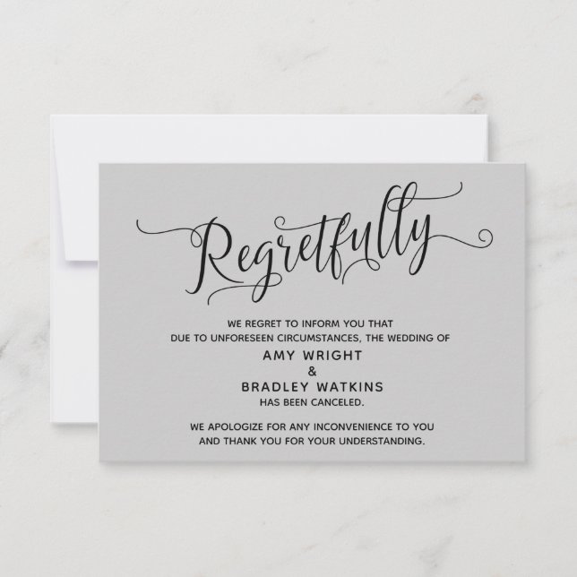 Regretfully Elegant Grey Cancelled Wedding Card (Front)