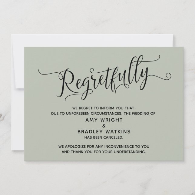 Regretfully Elegant Sage Cancelled Wedding Card (Front)