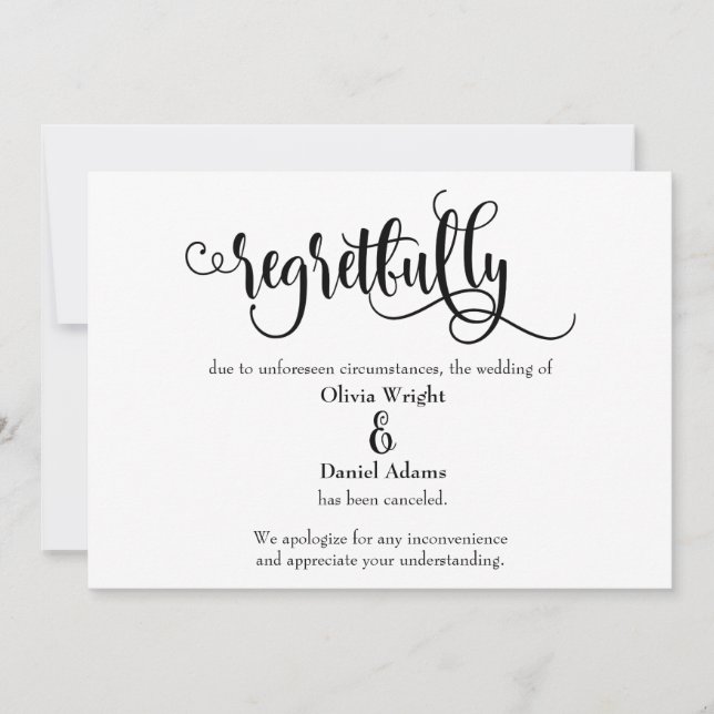 Regretfully Script Cancelled Wedding Announcement (Front)