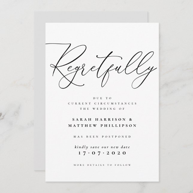 Regretfully Script Postponed Wedding Announcement (Front/Back)